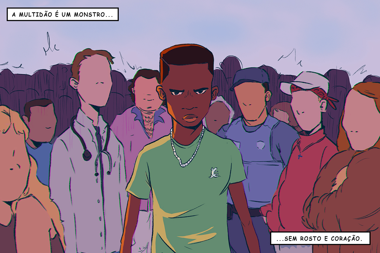 Ilustra&ccedil;&atilde;o de menino negro em frente a uma multid&atilde;o que o observa.