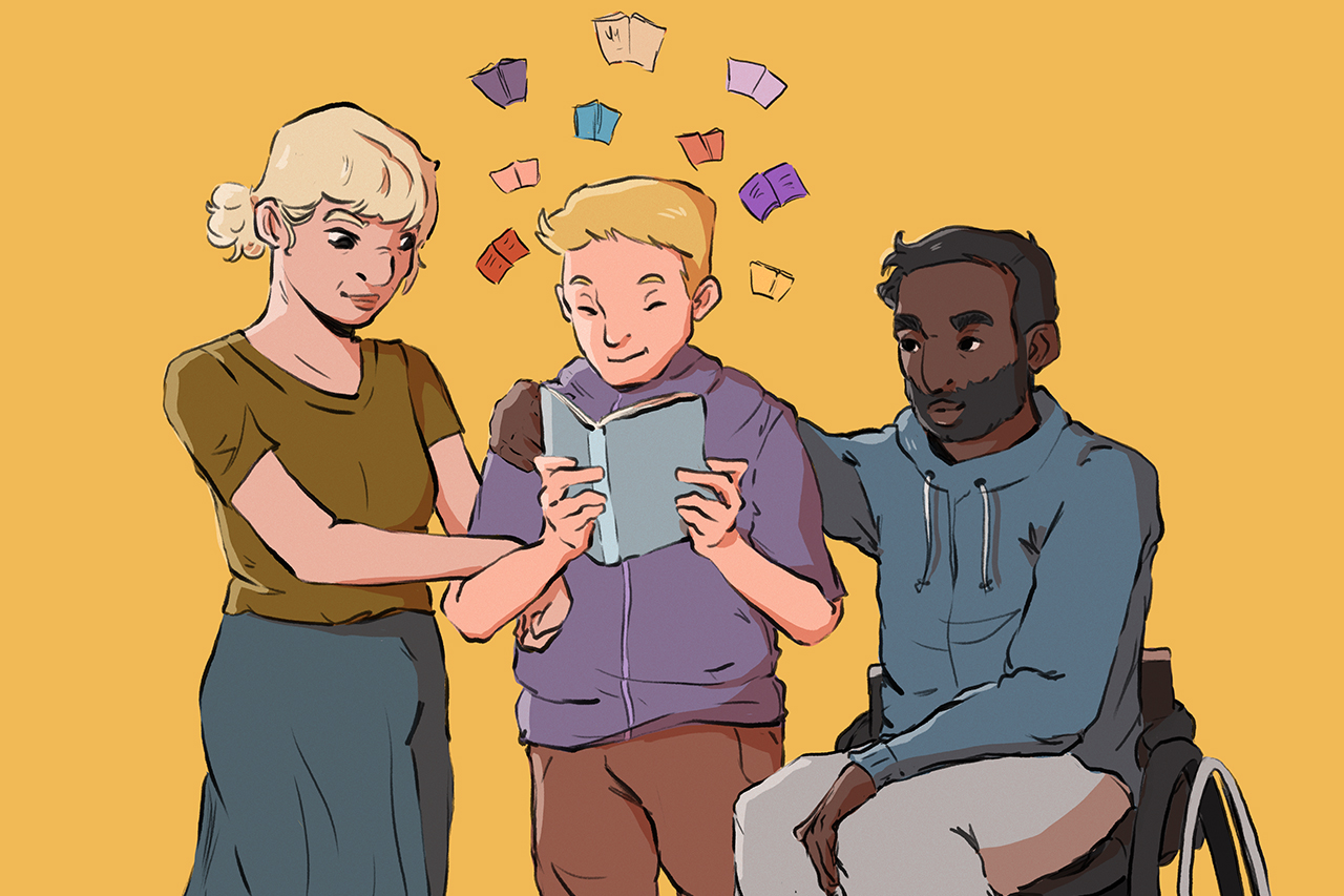 Ilustra&ccedil;&atilde;o de aluno com livro em m&atilde;os ao lado de dois adultos.