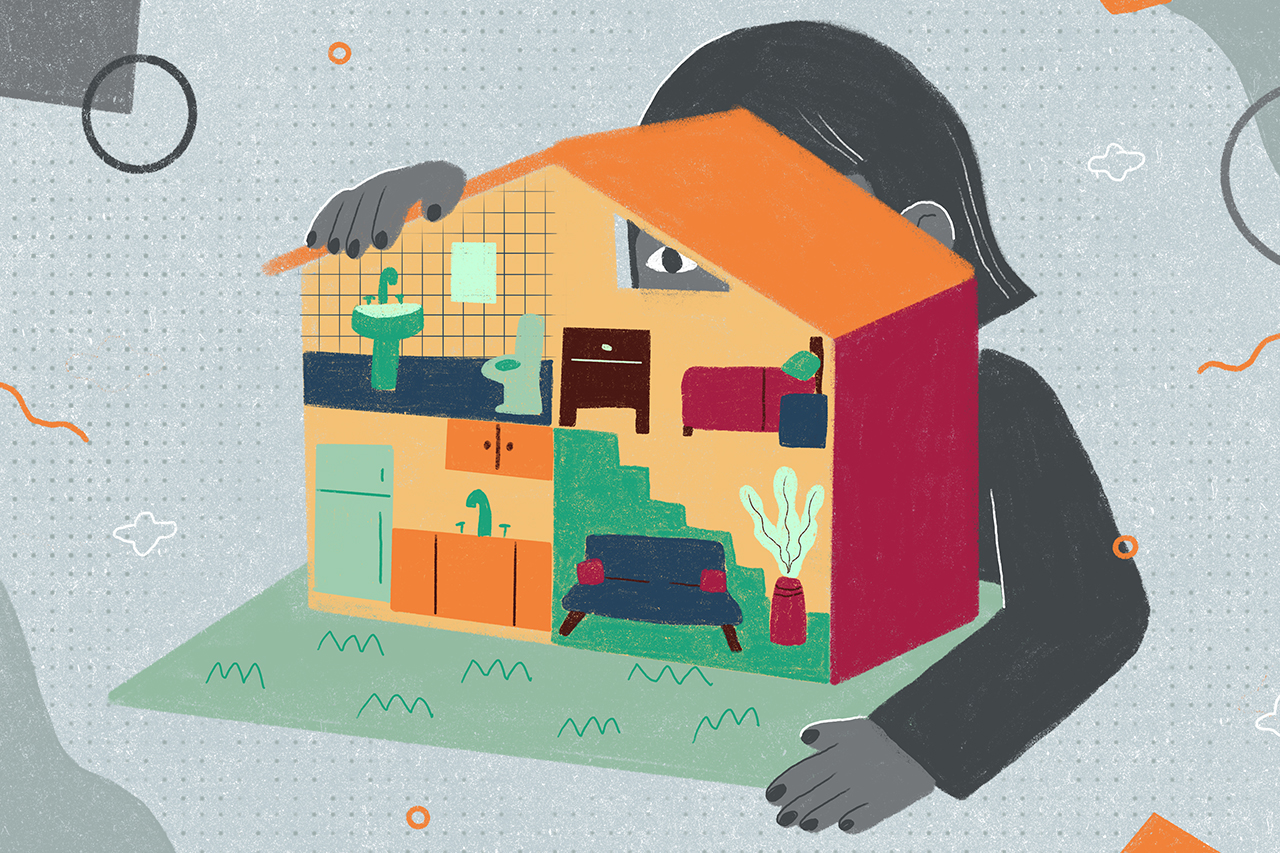 Ilustra&ccedil;&atilde;o de crian&ccedil;a olhando por uma casa em miniatura.