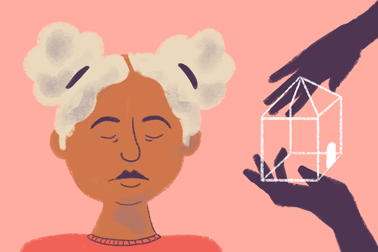 Ilustra&ccedil;&atilde;o abstrata de menina ao lado de m&atilde;os que seguram um escola trabalhada em linha.