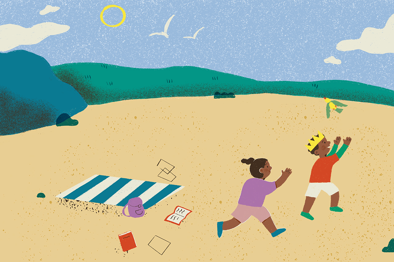 Ilustra&ccedil;&atilde;o de crian&ccedil;as brincando em uma praia com livros e objetos de leitura expostos em uma toalha.