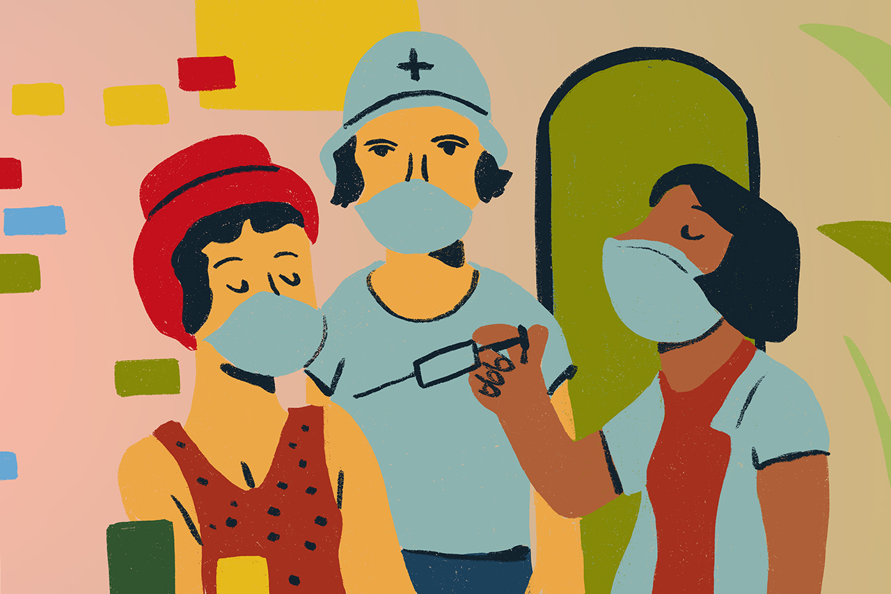 Ilustra&ccedil;&atilde;o de mulher recebendo a vacina contra covid-19.