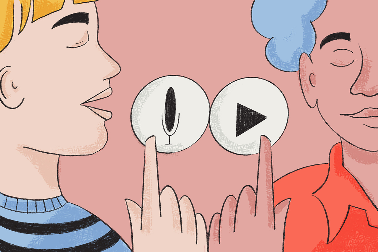 Ilustra&ccedil;&atilde;o de dois alunos conversando atrav&eacute;s de ferramentas de &aacute;udio.