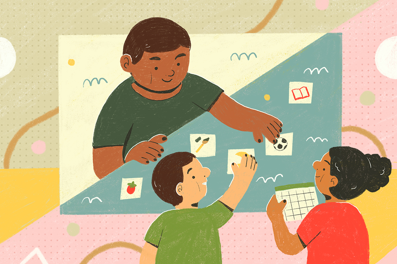 Ilustra&ccedil;&atilde;o de crian&ccedil;as interagindo com professor por meio de tabelas de hor&aacute;rio e fotografias.