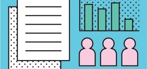 Ilustração com uma urna eletrônica, gráficos e uma pessoa olhando para eles