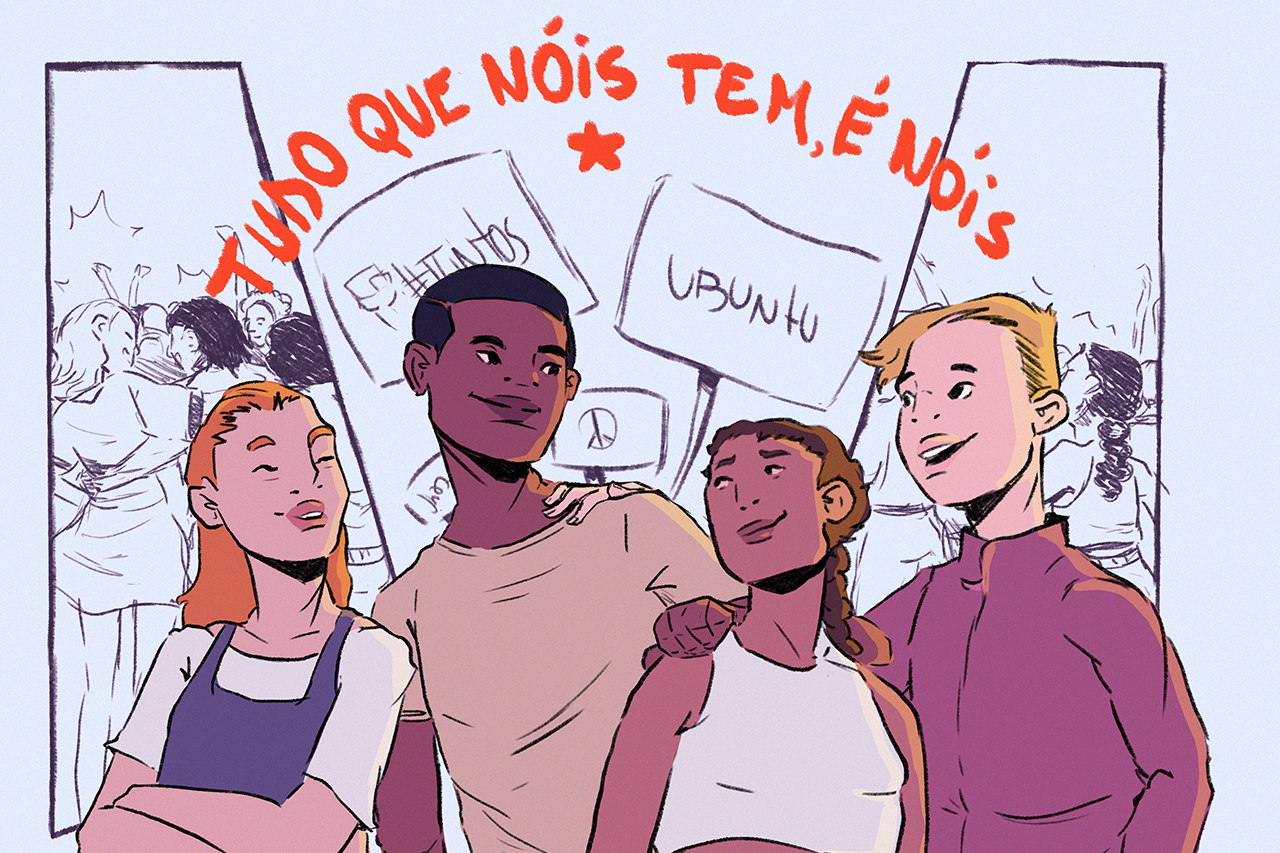 Ilustra&ccedil;&atilde;o de grupo de amigos sobre fundo que simula p&aacute;gina de quadrinhos.