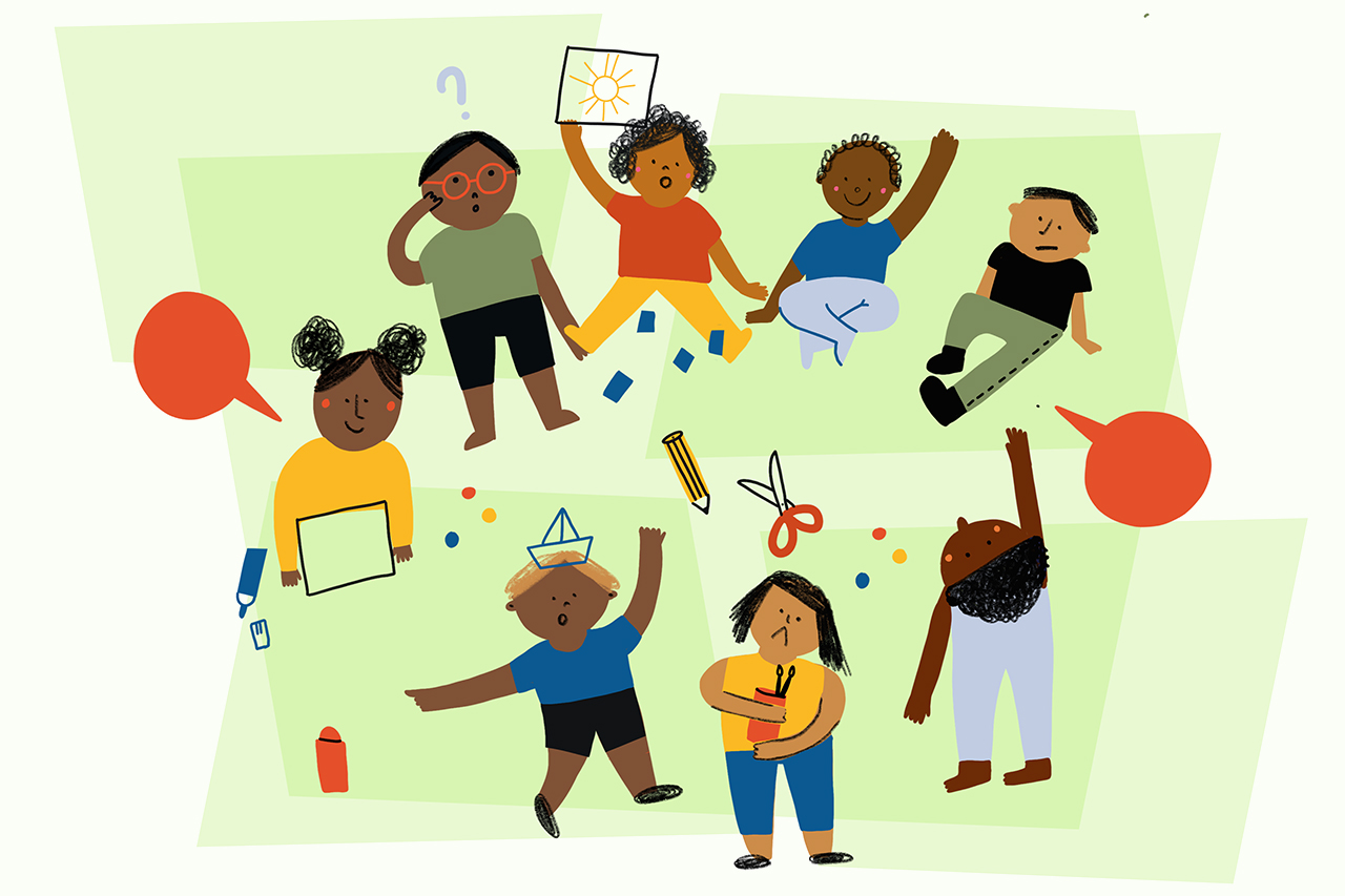 Ilustra&ccedil;&atilde;o de crian&ccedil;as participando de um conselho mirim sobre fundo verde.
