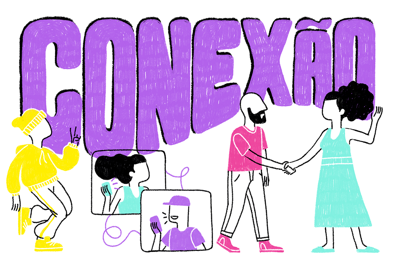 Ilustra&ccedil;&atilde;o abstrata de professores de matem&aacute;tica e fam&iacute;lias interagindo ao redor da palavra conex&atilde;o.