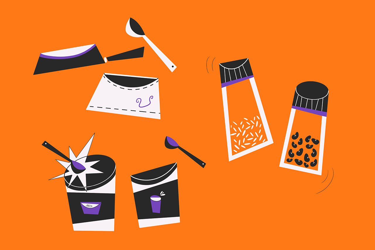 Ilustra&ccedil;&otilde;es de instrumentos musicais feitos com objetos encontrados em casa.