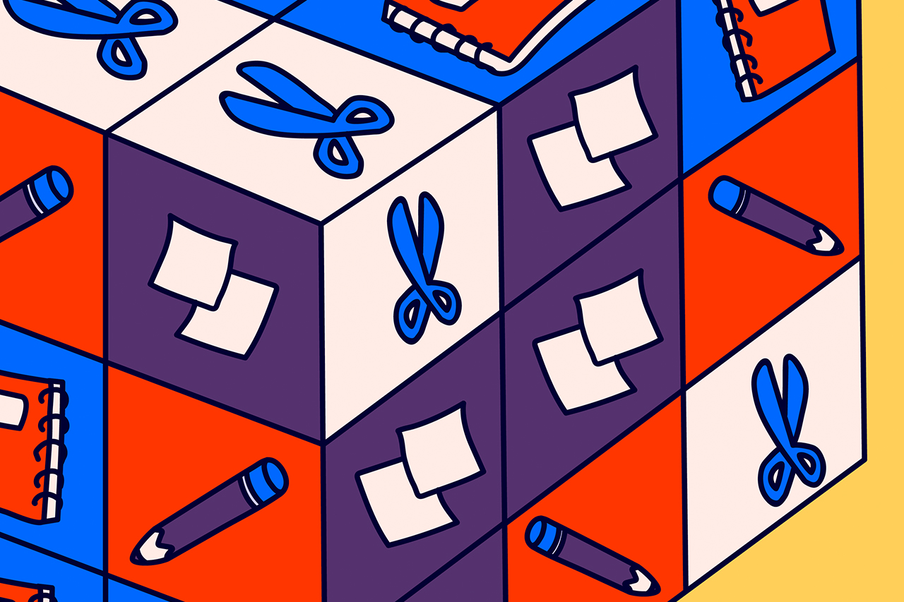 Ilustra&ccedil;&atilde;o abstrata de cubo m&aacute;gico com objetos (l&aacute;pis, tesoura e papel) desenhados em suas faces.