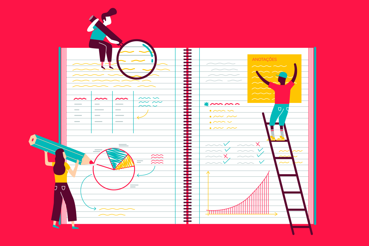 Ilustra&ccedil;&atilde;o abstrata de pessoas anotando e revisando folhas de caderno.