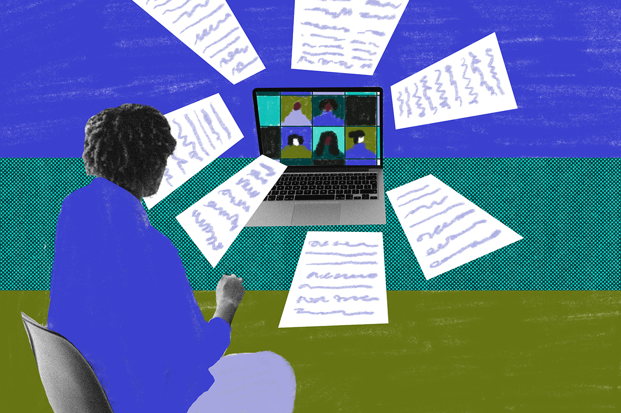 Ilustra&ccedil;&atilde;o feita a partir de colagens de uma professora em v&iacute;deo chamada com alunos durante processo de avalia&ccedil;&atilde;o.