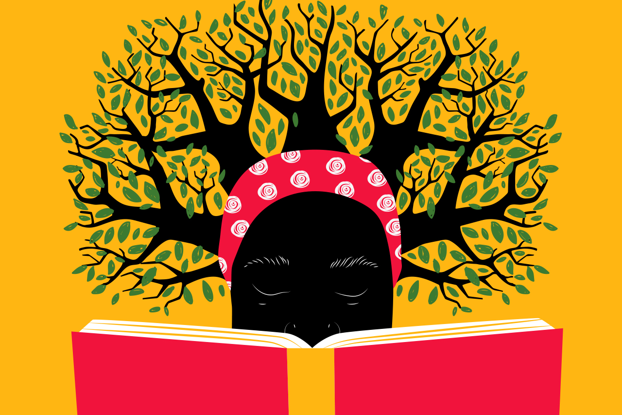 Ilustra&ccedil;&atilde;o abstrata de mulher lendo livros, enquanto galhos e folhas nascem de seus cabelos.