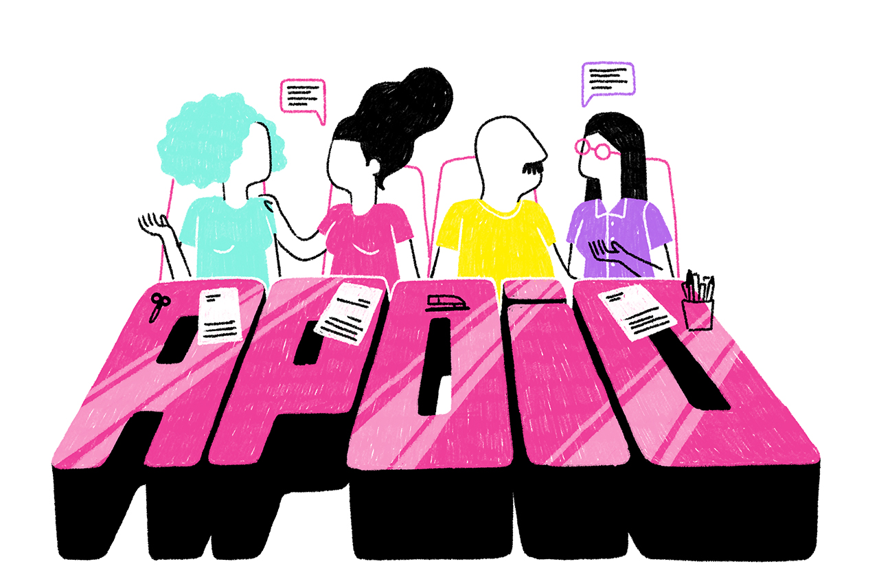 Ilustra&ccedil;&atilde;o abstrata de professores e gestores apoiados na palavra apoio.