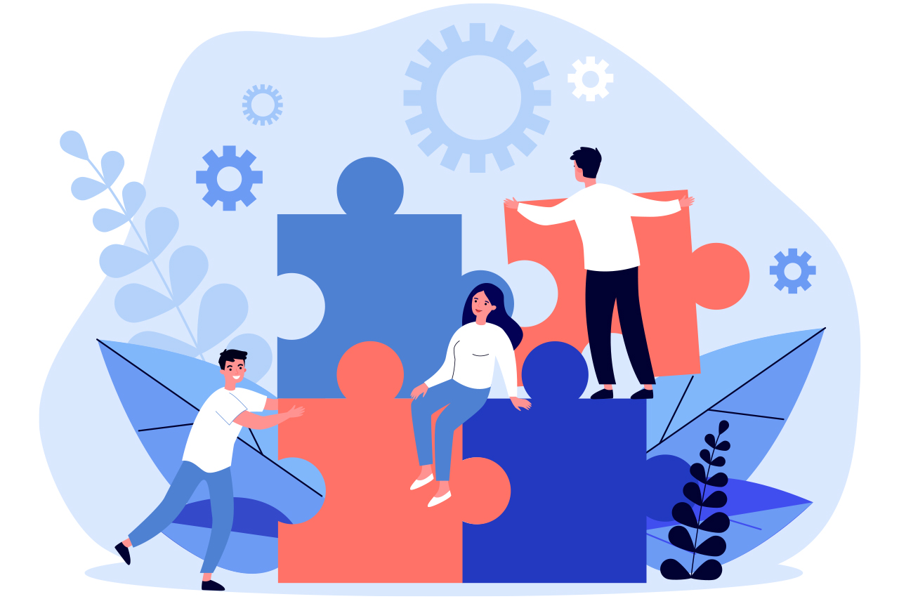 Ilustra&ccedil;&atilde;o abstrata de personagens sobre quebra cabe&ccedil;as gigante.