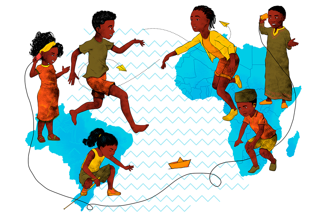 Ilustra&ccedil;&atilde;o de crian&ccedil;as brasileiras e africanas interagindo sobre mapa abstrato.