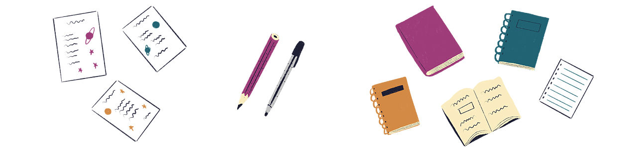 Ilustração de objetos usados na atividade 1 de EF2: pemas, lápis e caneta, livros e cadernos.