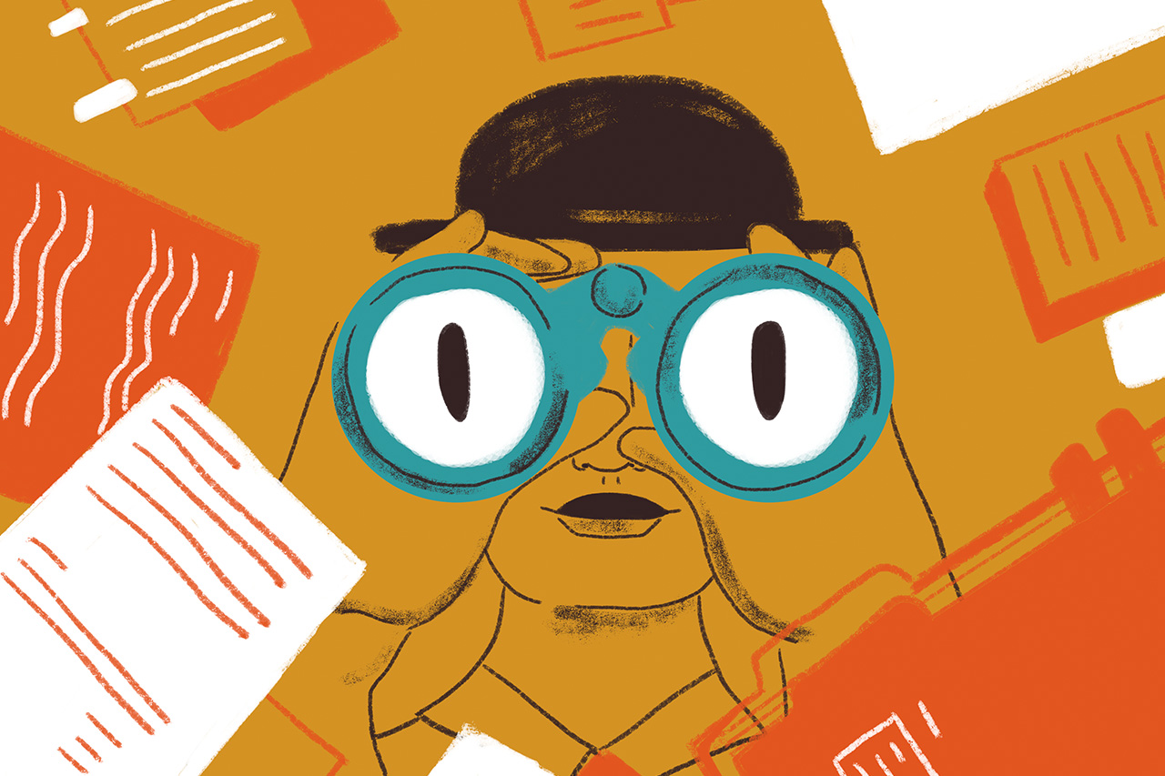 Ilustra&ccedil;&atilde;o abstrata de homem olhando com bin&oacute;culos entre livros e folhas de papel.