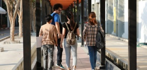 Visão de trás do grupo de estudantes adolescentes caminham na universidade, de volta à escola de grupo de escola de coleta