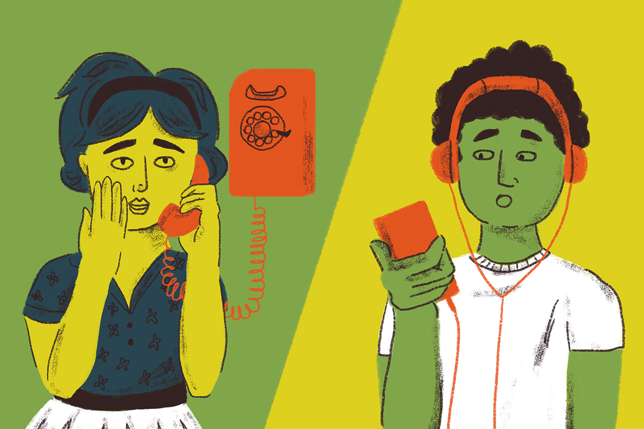 Ilustra&ccedil;&atilde;o de duas crian&ccedil;as separadas por uma divis&oacute;ria no centro. A primeira crian&ccedil;as veste roupas antigas e utiliza um telefone anal&oacute;gico enquanto a segunda est&aacute; com roupas modernas e est&aacute; utilizando um celular.