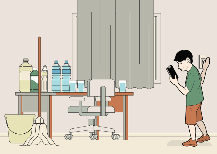 Anima&ccedil;&atilde;o de garoto andando pela casa. Elementos &iacute;cones e s&iacute;mbolos mostram o que acontece por tr&aacute;s de todas as atividades qu&iacute;micas e f&iacute;sicas do dia a dia.