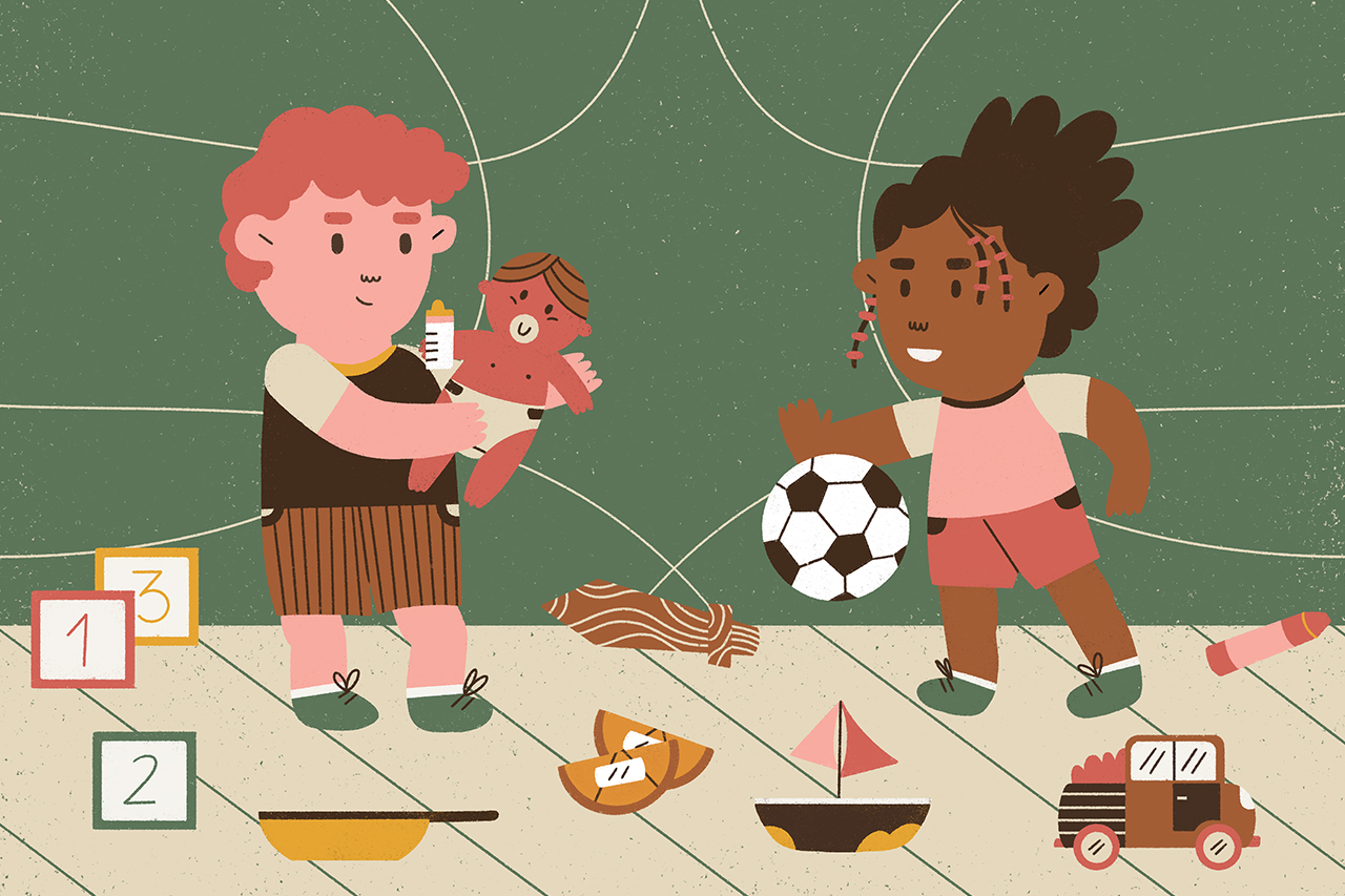 Ilustra&ccedil;&atilde;o de crian&ccedil;as pequenas com brinquedos nas m&atilde;os. O menino segura uma boneca enquanto a menina segura uma bola.