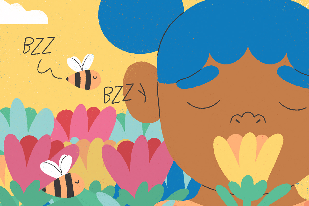 Ilustra&ccedil;&atilde;o de crian&ccedil;a cheirando flores em um jardim.