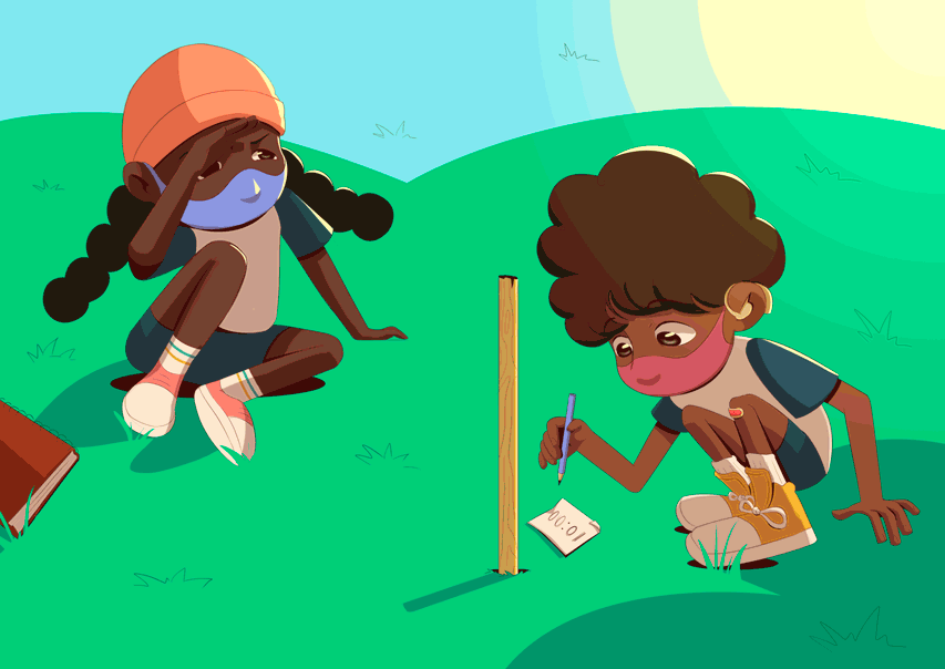 Anima&ccedil;&atilde;o de alunos fazendo experimentos com rel&oacute;gio solar.