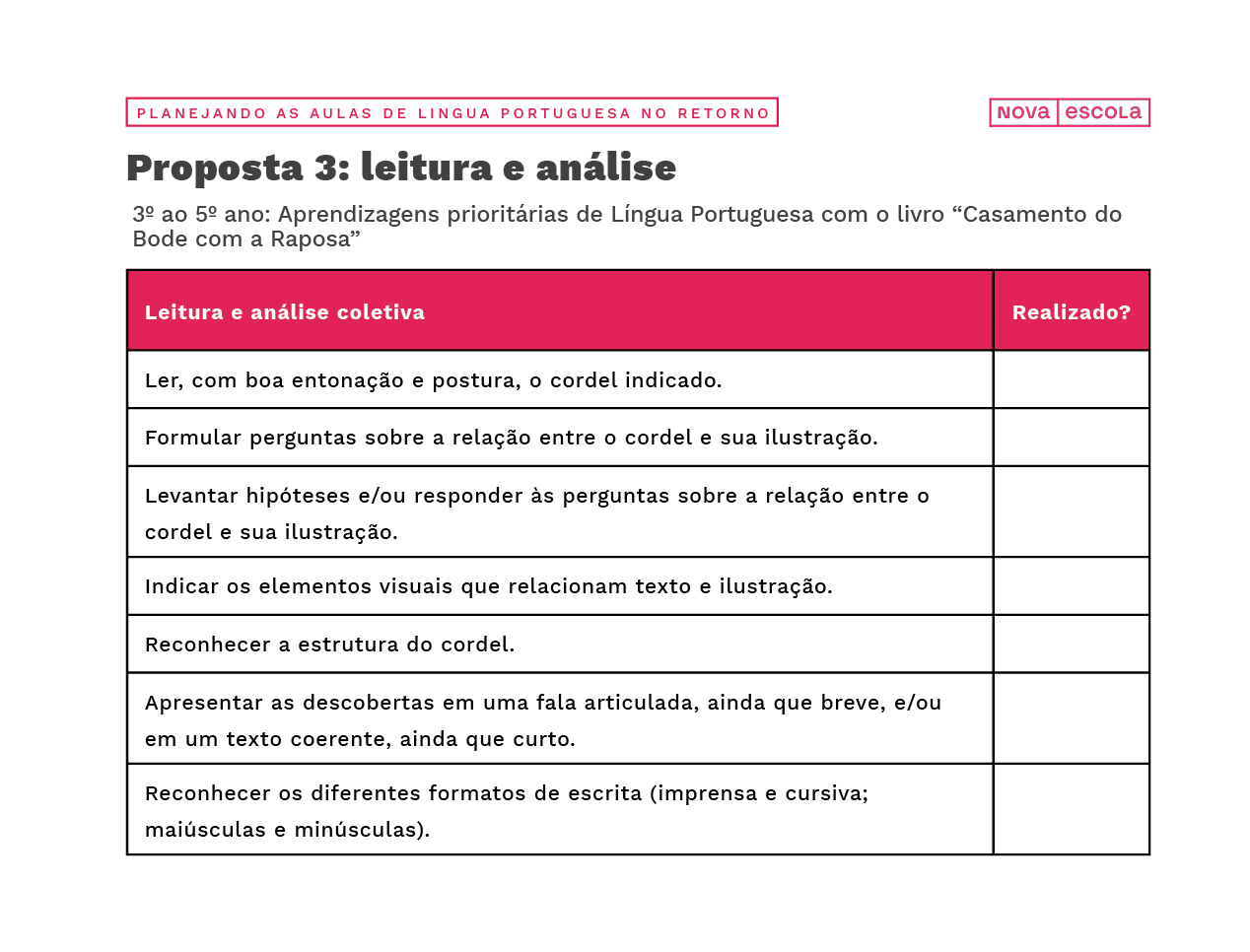 Checklist para proposta de leitura e análise para o 3º ao 5º ano do ensino fundamental.