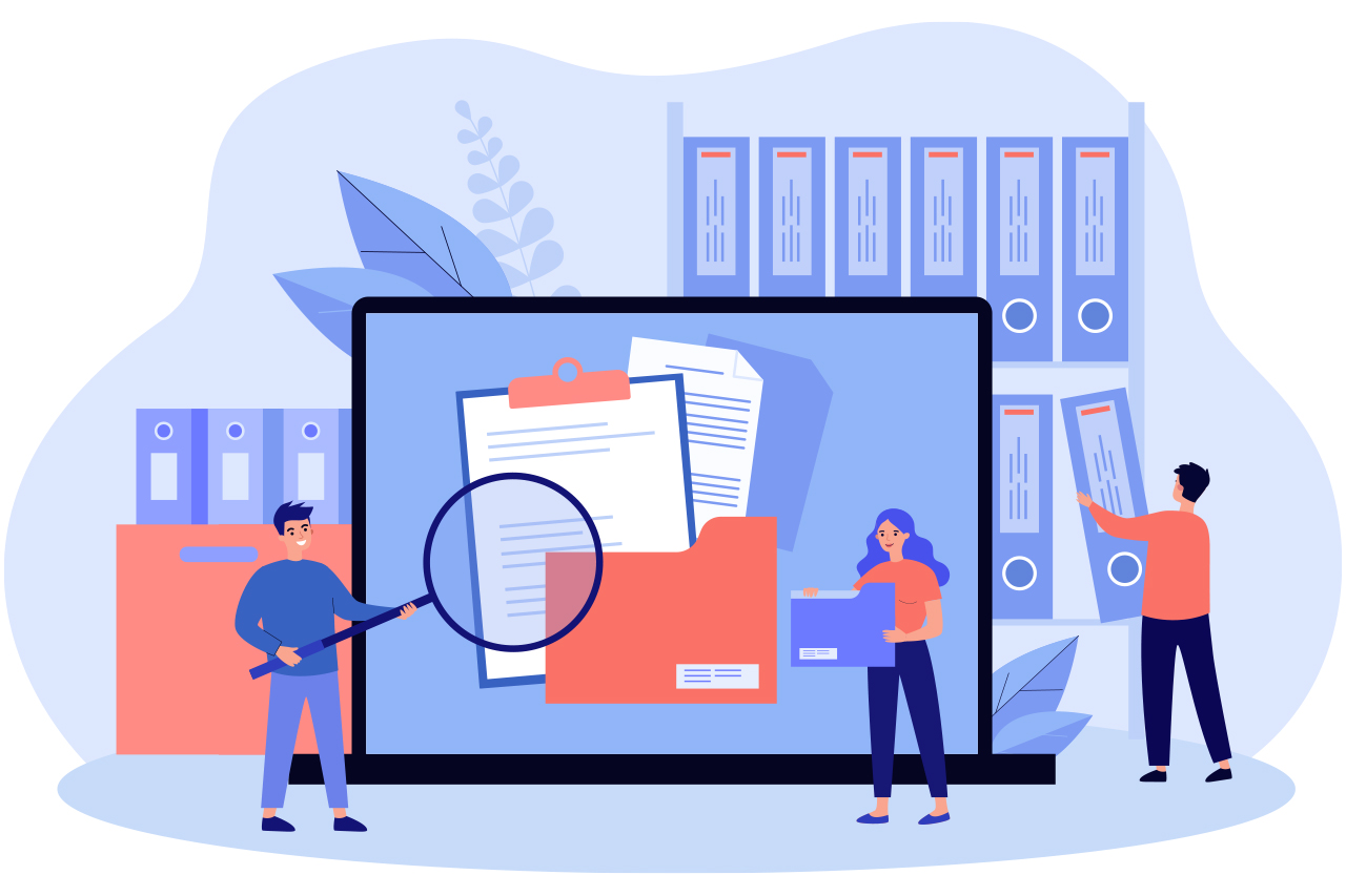 Ilustra&ccedil;&atilde;o abstrata de personagens com lupas e arquivos em frente a tela de um notebook gigante.