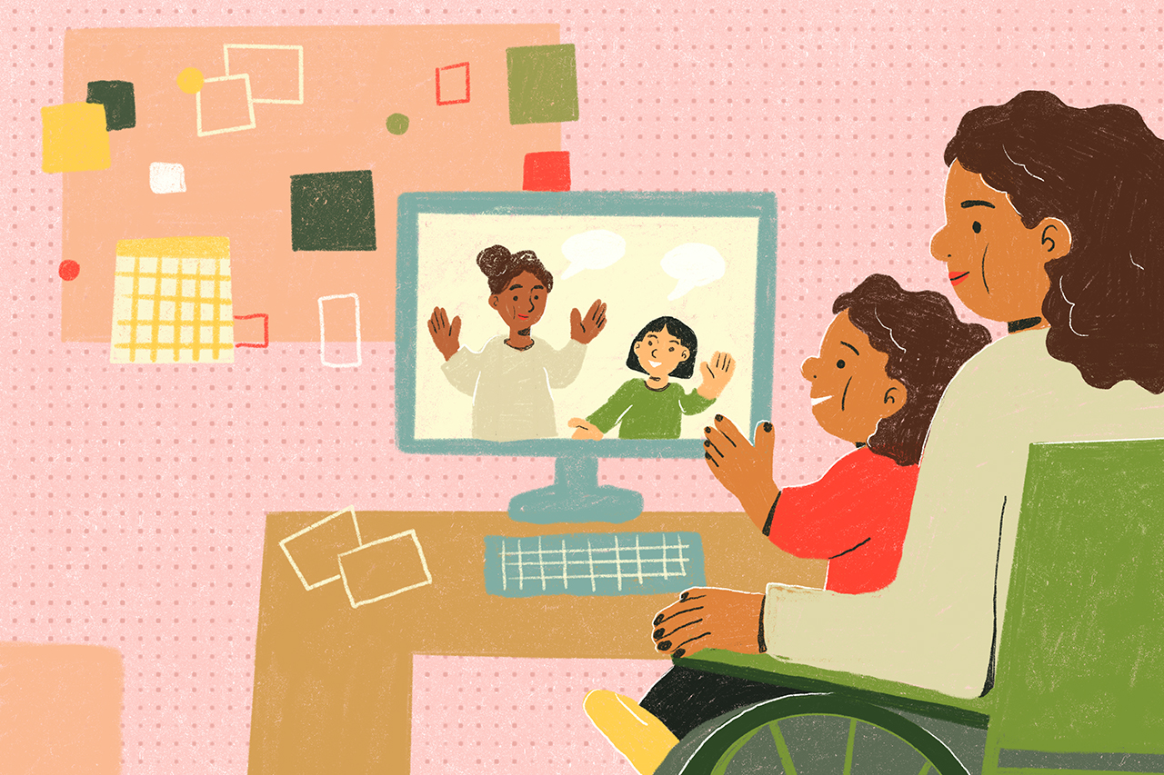 Ilustra&ccedil;&atilde;o de m&atilde;e e filho acompanhando aula online em frente ao computador.