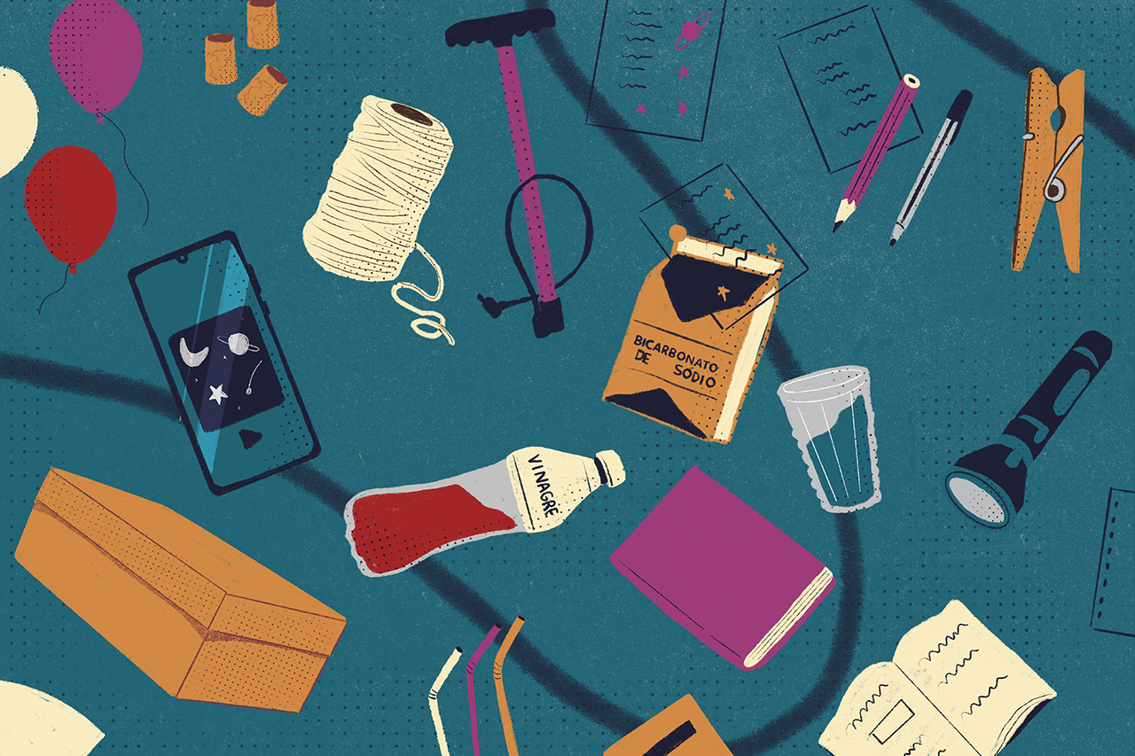 Ilustra&ccedil;&atilde;o de objetos utilizados para atividades de ci&ecirc;ncias relacionadas a marte.