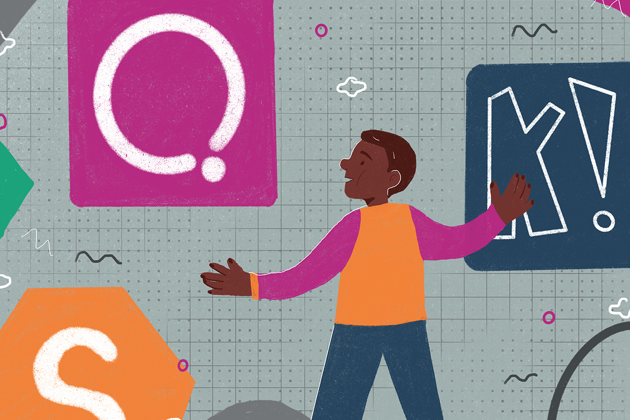 Ilustra&ccedil;&atilde;o de aluno em frente ao logotipo de v&aacute;rias plataformas de jogos educativos online.