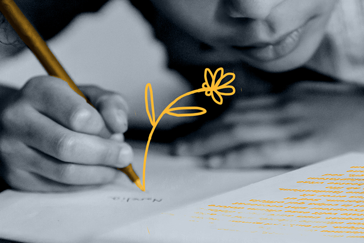 Fotomontagem de aluno escrevendo em amarelo sobre livros e cadernos.