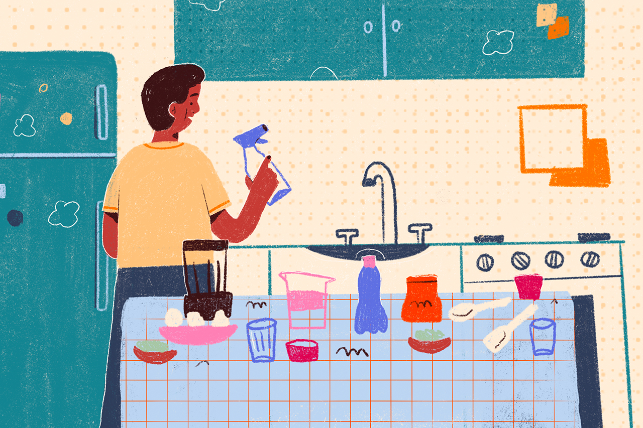 Ilustra&ccedil;&atilde;o de pai organizando a cozinha da casa.