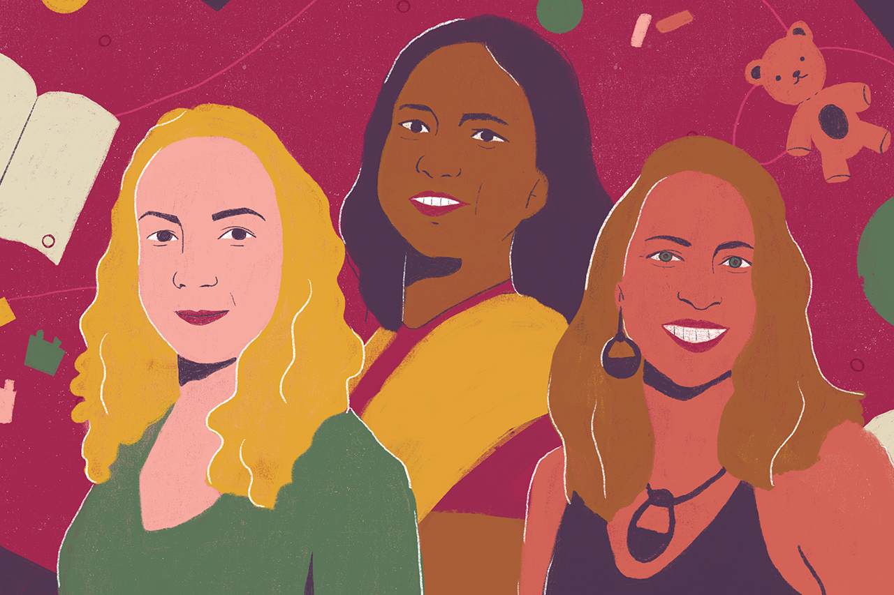 Retrato ilustrado das pedagogas  Gracyanne Medina Pestana, Ana Paula Lima Poleti e Giselli Negrelli Santos (da esquerda para direita).