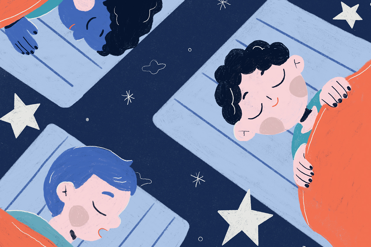 Ilustra&ccedil;&atilde;o abstrata de 3 crian&ccedil;as  dormindo sobre colch&otilde;es em um fundo estrelado.