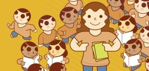 Ilustração de professora lendo e alunos ao redor