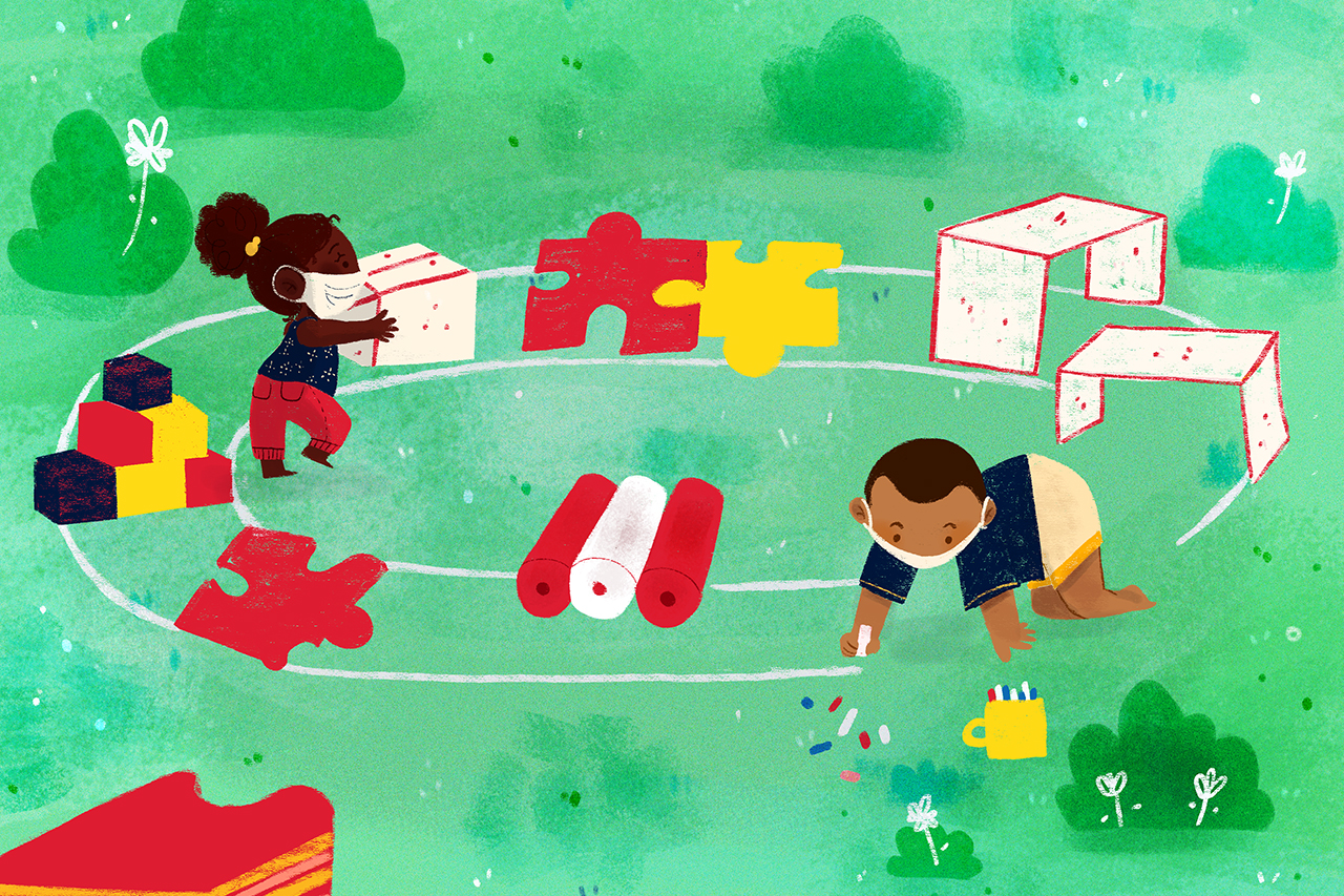 Ilustra&ccedil;&atilde;o de crian&ccedil;as brincando em ambiente externo, ao ar livre.