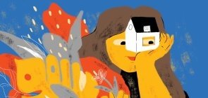 Ilustração de uma mulher segurando uma casa na mão e olhando através da janela