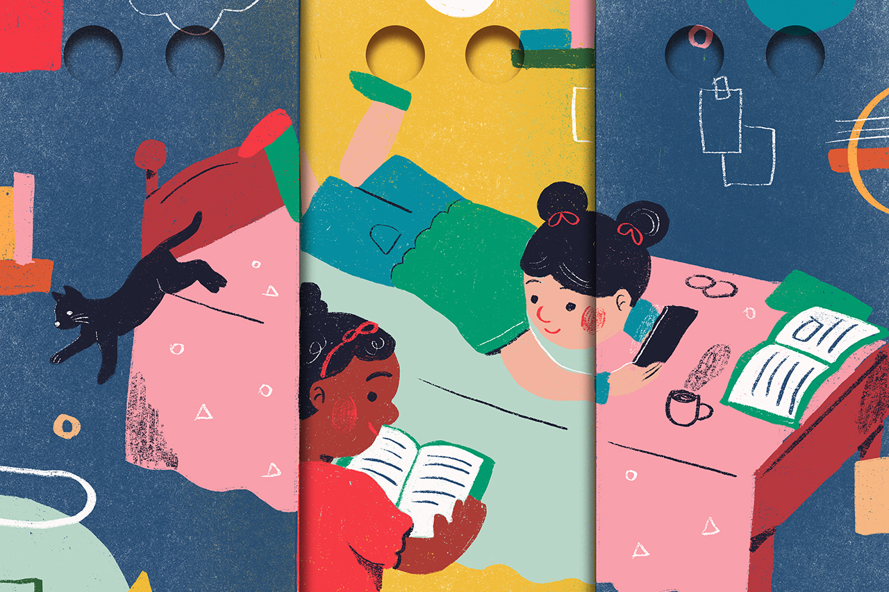 Ilustra&ccedil;&atilde;o abstrata de amigas lendo um livro em um quarto.