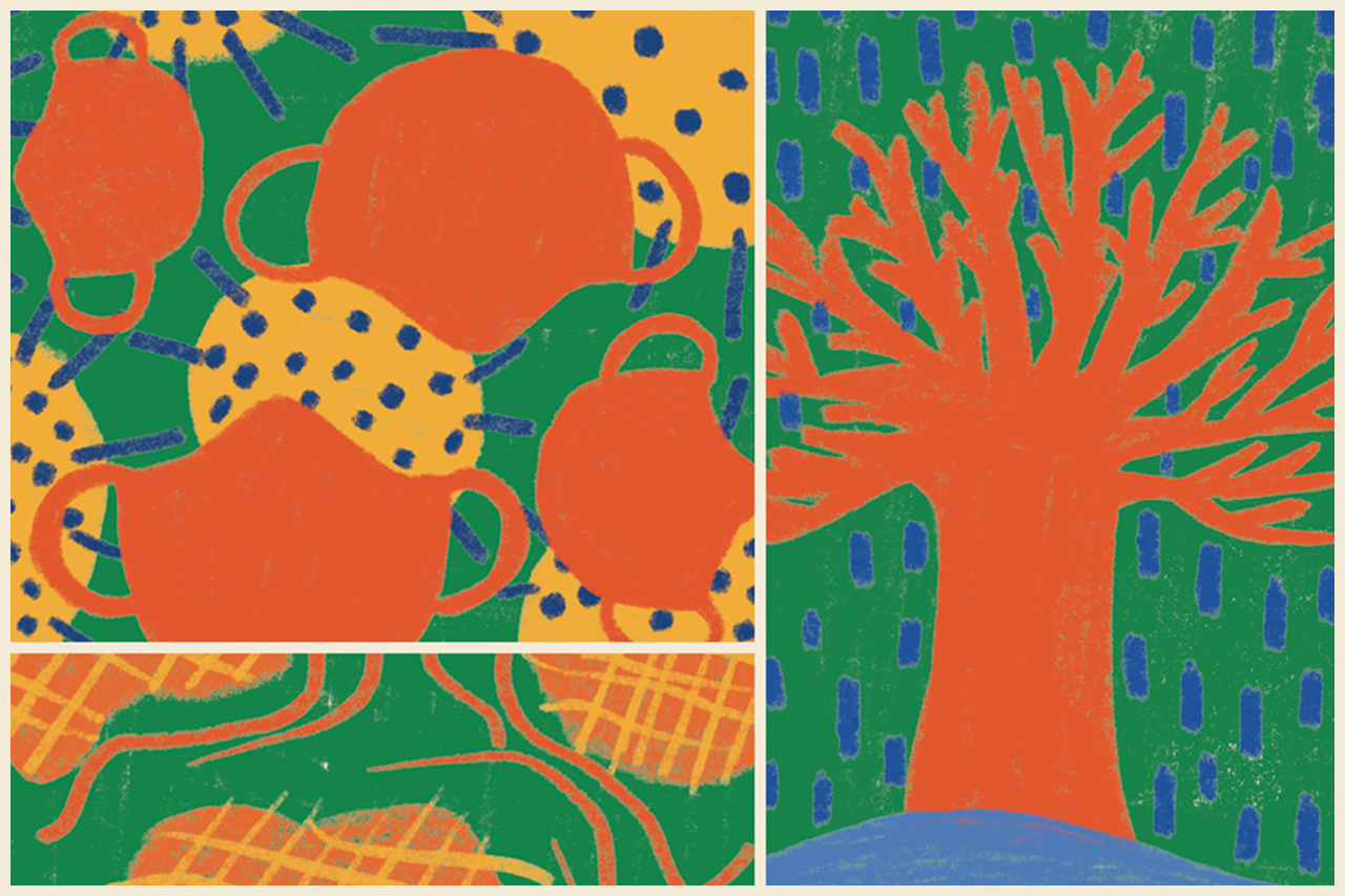 Mosaico de Ilustra&ccedil;&otilde;es abstratas de m&aacute;scaras durante a pandemia de covid-19.