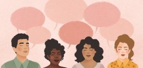 Com fundo rosa, 4 pessoas conversam 