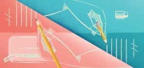 Ilustração rosa e azul com duas mãos escrevendo