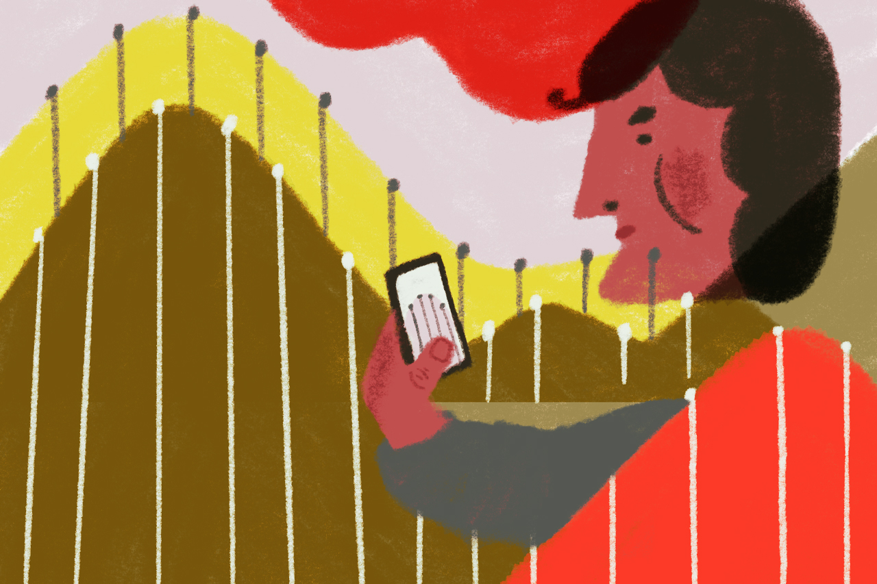 Ilustra&ccedil;&atilde;o abstrata de pessoa com celular em m&atilde;os se misturando com os gr&aacute;ficos de linha sobre vacina&ccedil;&atilde;o.