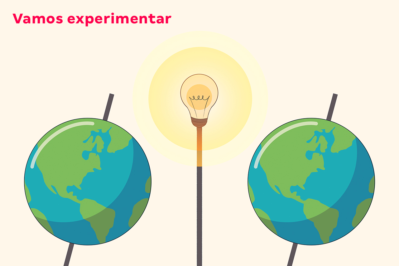 Vamos experimentar? Ilustra&ccedil;&atilde;o de l&acirc;mpada simulando o sol pr&oacute;xima a globos terrestres.
