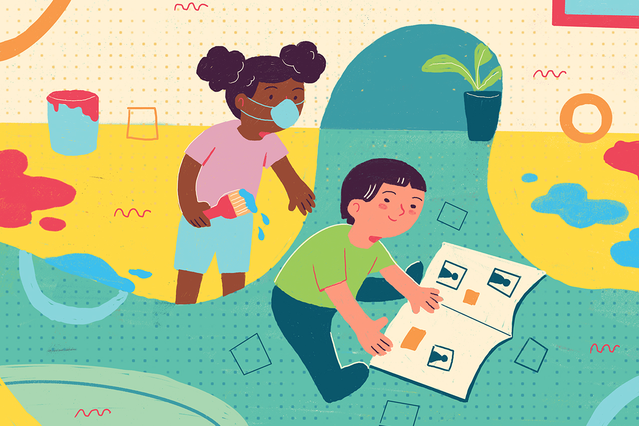 Ilustra&ccedil;&atilde;o abstrata de crian&ccedil;as brincando com pinc&eacute;is e livros de foto em momentos presenciais na escola e em momentos remotos em casa.