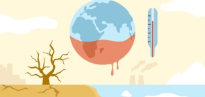 Ilustração do planeta terra derretendo, do lado um termômetro mostrando altas temperaturas. Na parte de baixo, de um lado está uma paisagem passando por uma seca, do lado calotas polares derretidas