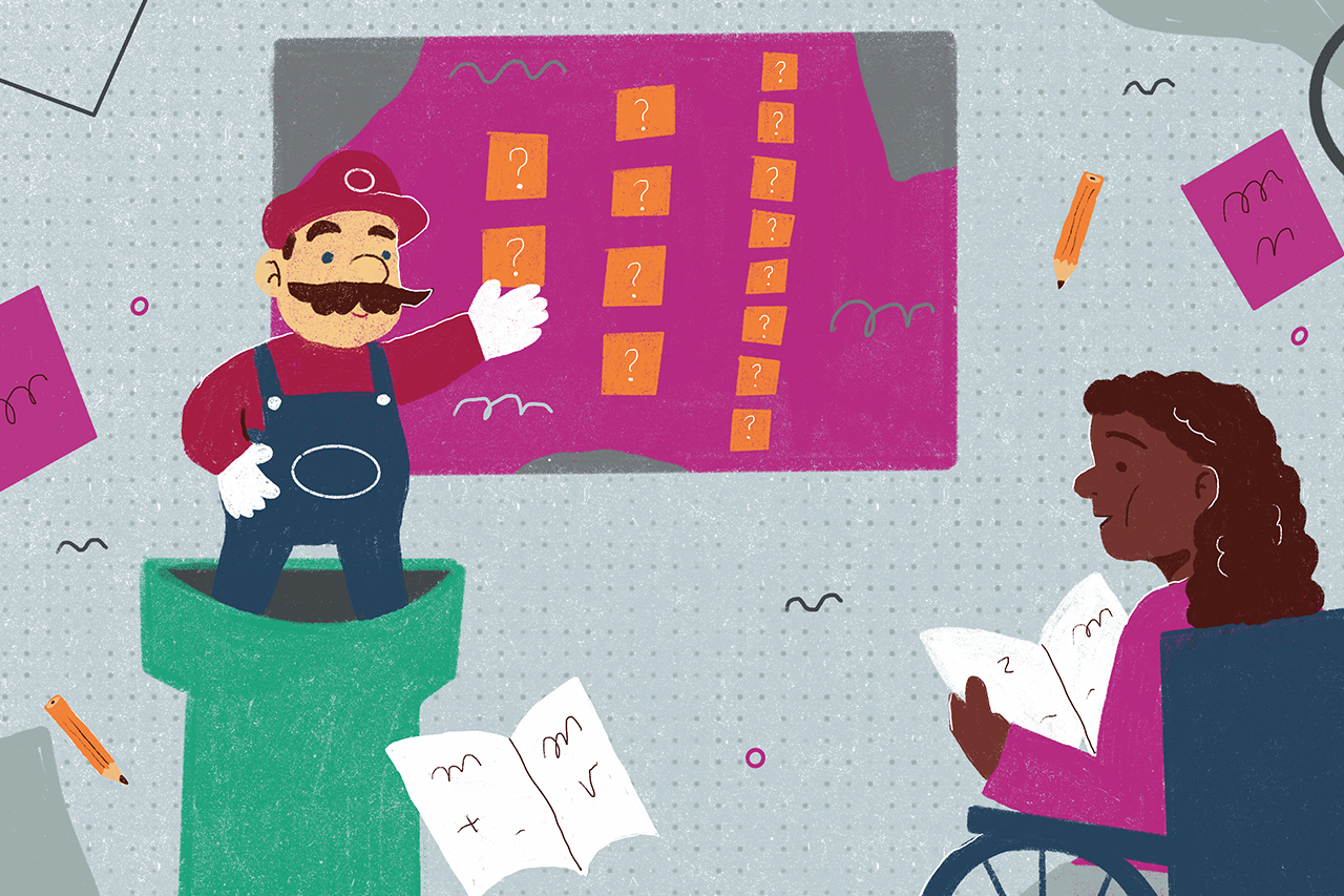 Ilustra&ccedil;&atilde;o de aluna cadeirante em frente ao personagem do jogo M&aacute;rio Bros.