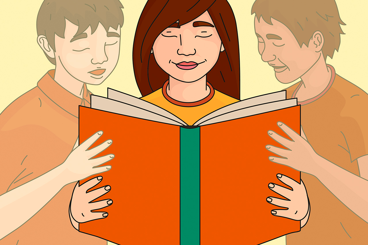 Ilustra&ccedil;&atilde;o de menina segurando livro com outros alunos ao lado, compartilhando a leitura.